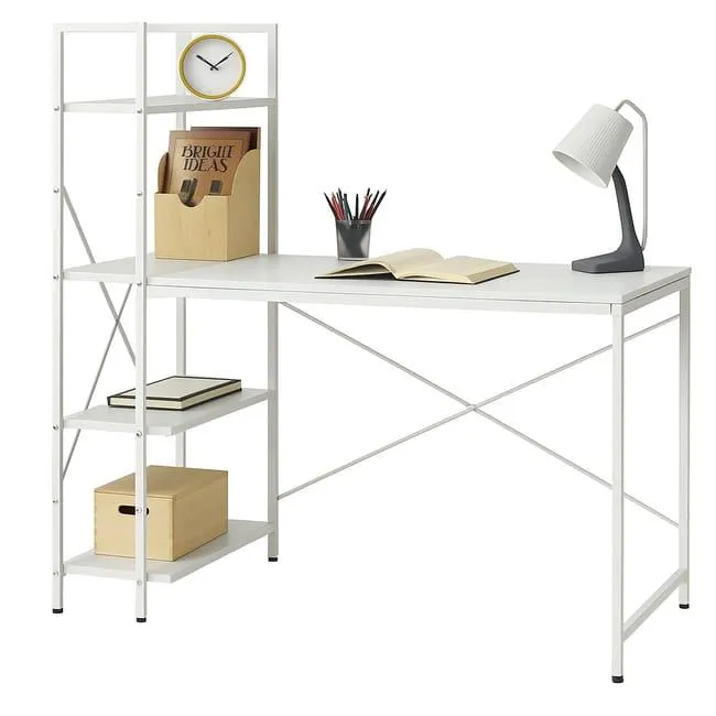 Escritorio librería Moderna con estantería de 3 baldas de Madera, Estructura metálica, 120x64x70 cm, (Blanca)