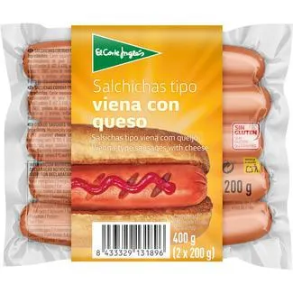 EL CORTE INGLES salchichas Viena cocidas de pavo y pollo con queso sin gluten pack 2 x 200 g envase 400 g