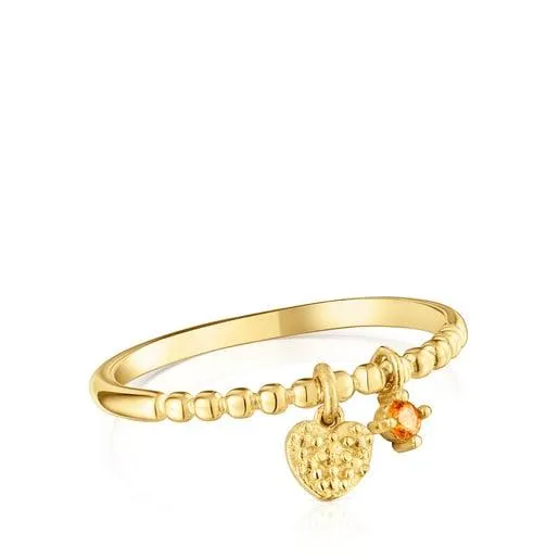 Anillo pequeño con baño de oro de 18 kt sobre plata y granate naranja TOUS Grain