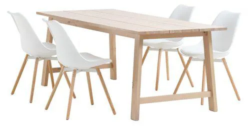 Mesa GADESKOV L200 roble + 4 sillas KASTRUP blanco