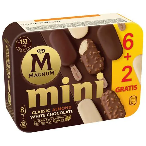MAGNUM de Frigo Mini bombones almendradros, de chocolate, chocolate con leche ychocolate blanco 8 x 55 ml.