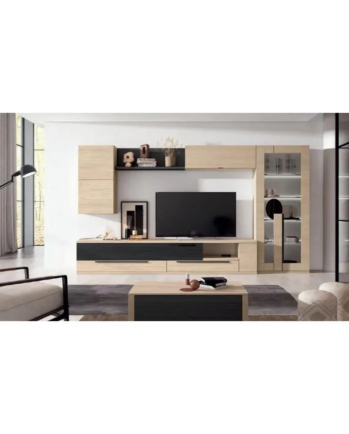 Mueble de comedor con vitrina en color madera nude con acabados en negro bocamina en Nattex