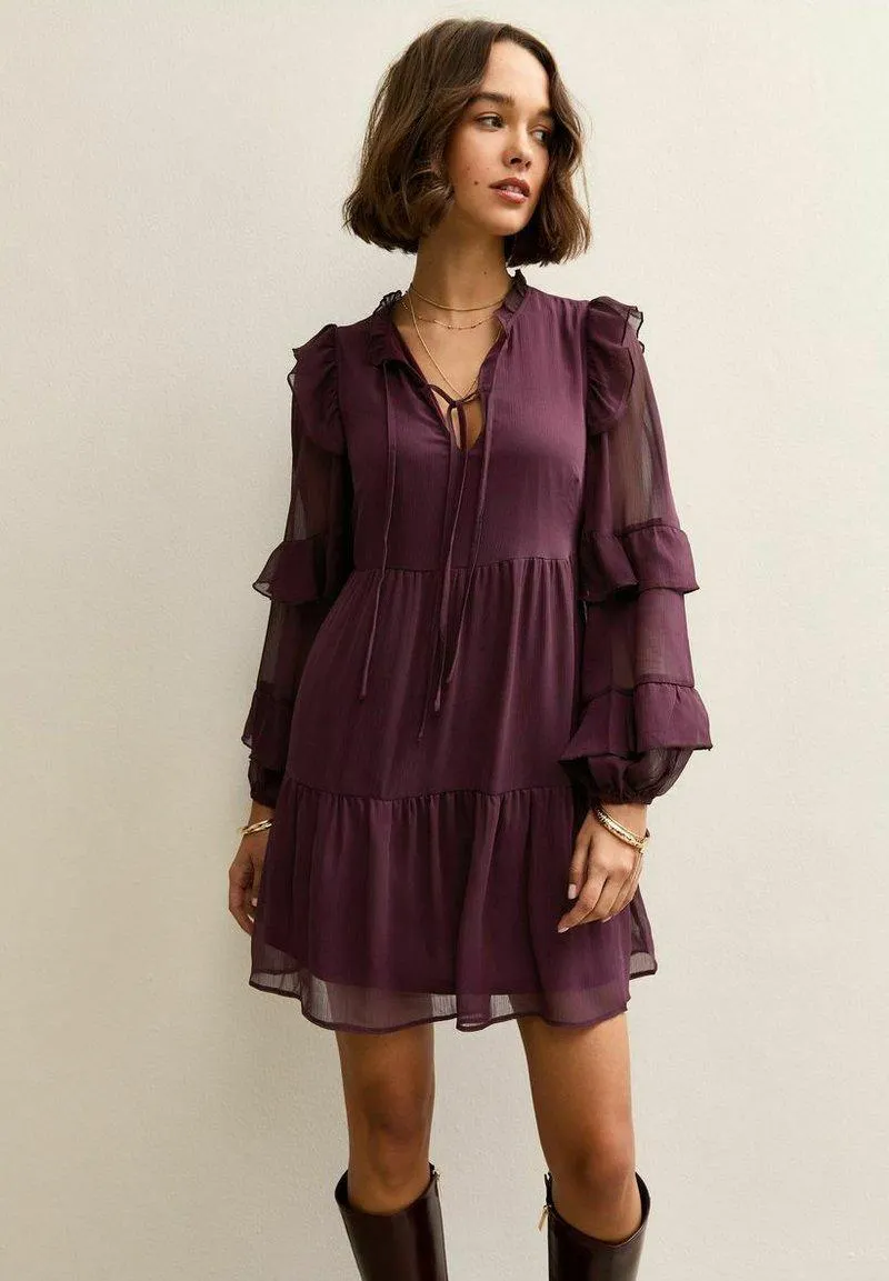 RUFFLE TRIM CHIFFON TIERED MINI - Vestido informal - burgundy
