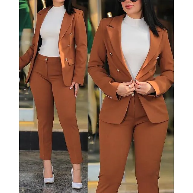 Mujer Chaqueta de sport traje de oficina Conjuntos de pantalones Negro Borgoña Azul Real Plano Manga Larga Trabajo Diario Diario Negocios Ajuste regular Otoño invierno