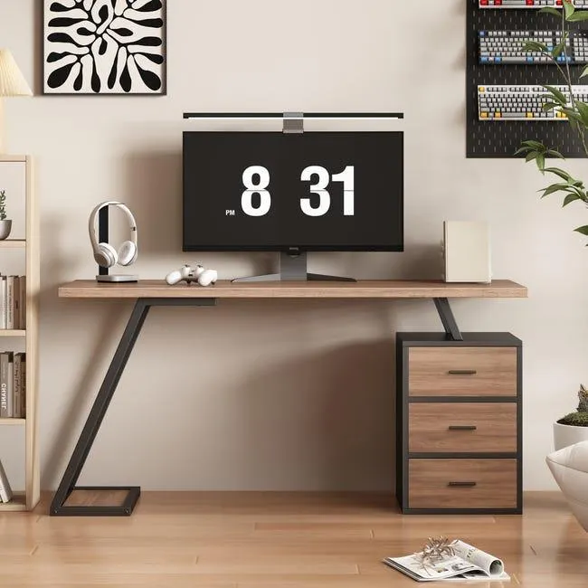 Escritorio con 3 cajones - 138.5 x 58 x 75 cm - estilo industrial - madera MDF - marrón + negro