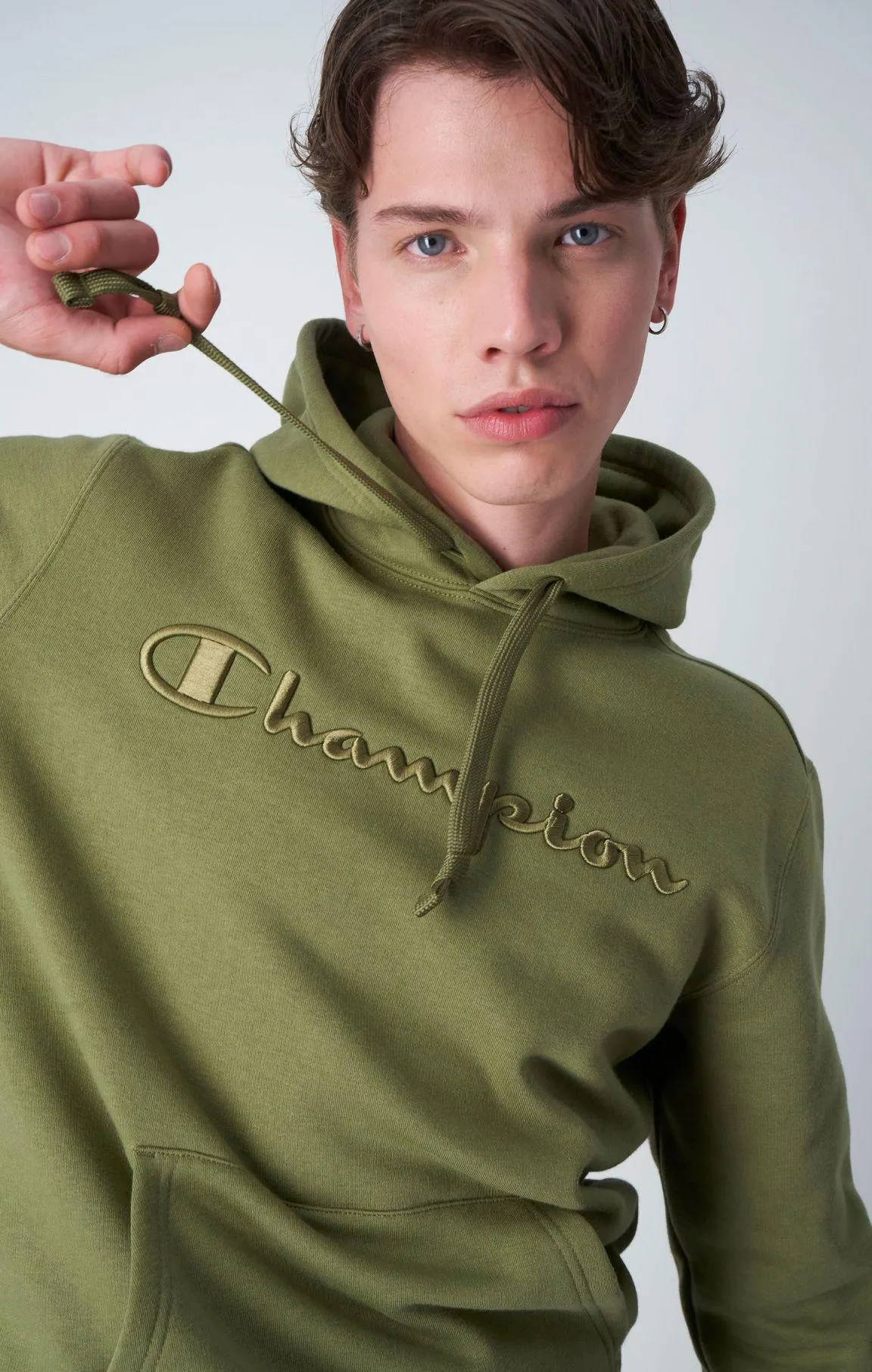 Olive Green Sudadera de felpa perchada bordada en tono a juego con capucha