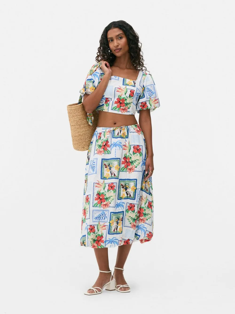 Falda tropical midi efecto globo