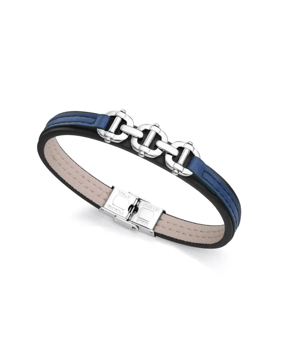 Pulsera Magnum de acero con piel negra y azul y motivo en acero