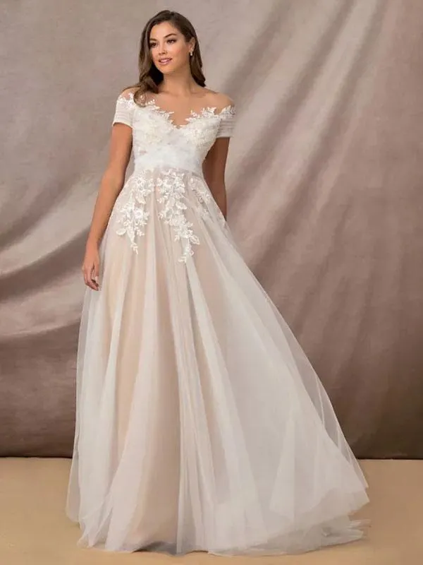 Vestido de novia simple Línea A Escote ilusión Manga corta Vestidos de novia de encaje