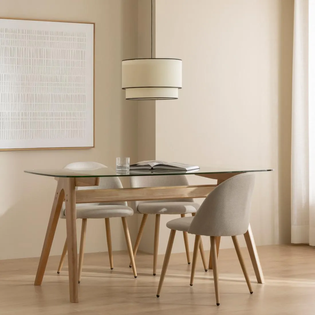 Mesa de comedor rectangular sobre cristal y madera maciza 160