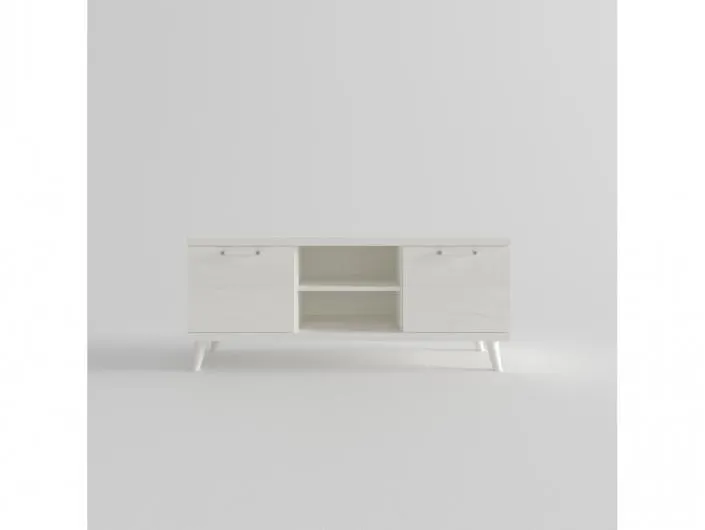 Mesa tv. 2 puertas y huecos con patas redondas color polar de 120 cm.