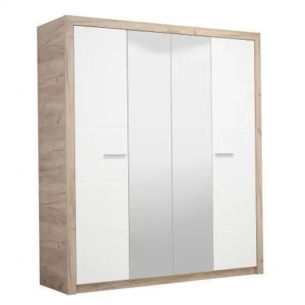 Armario de 4 puertas con doble espejo en roble y blanco