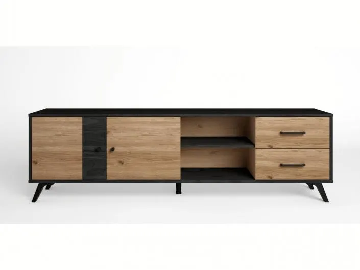 Mueble tv con puertas, cajones y huecos color bocamina-natural