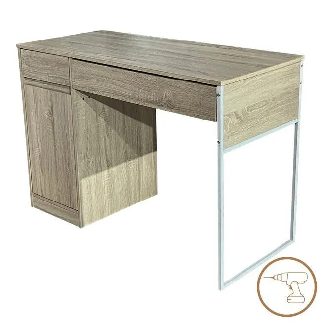 Escritorio Compacto 110x50x76 cm – Mesa para Ordenador en Madera Natural con Patas Blancas – Diseño Contemporáneo para Hogar y Oficina