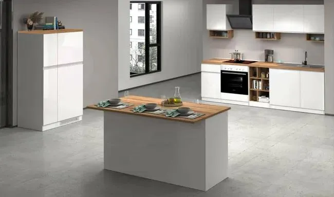 Cocina completa Baptiste, Conjunto de cocina modular, Cocina modular con múltiples elementos, 100% Made in Italy, Blanco brillo y roble