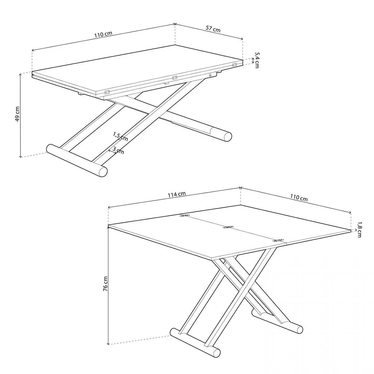 Mesa de centro elevable Natural convertible en mesa de comedor 49x110x57 cm