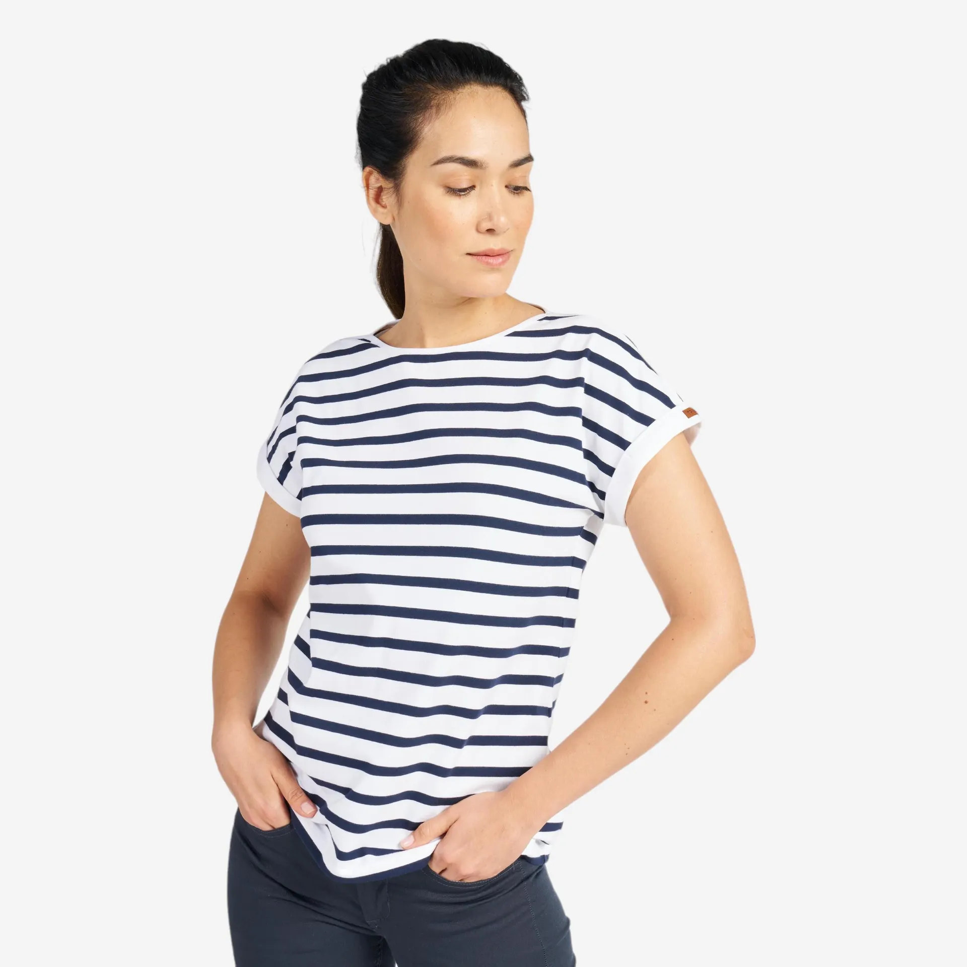 Camiseta Vela Sailing 100 Mujer Blanco Azul Manga Corta Marinera