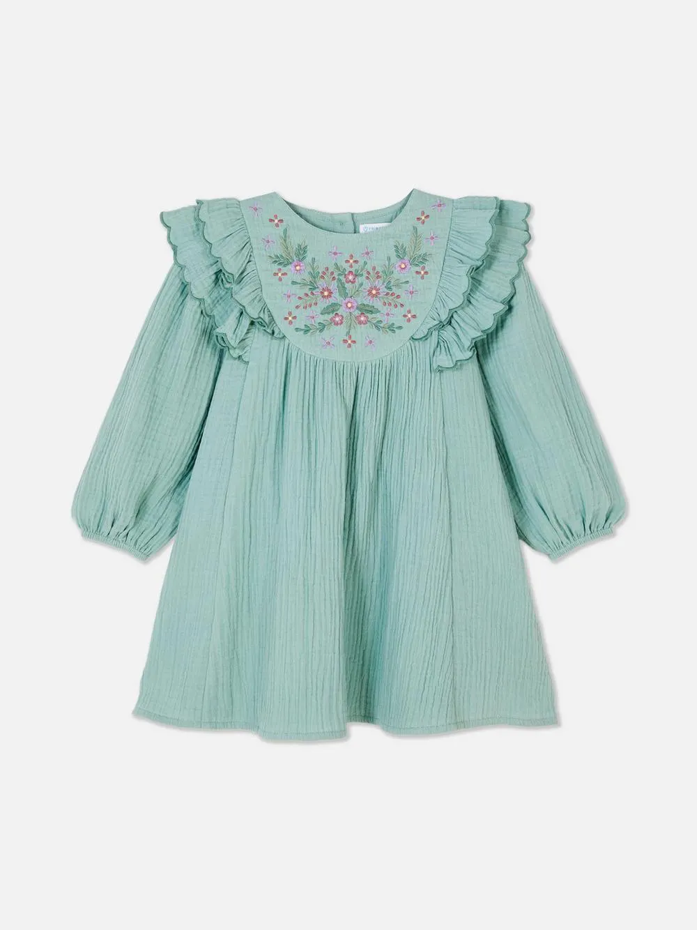 Vestido de punto smock festoneado con bordado floral