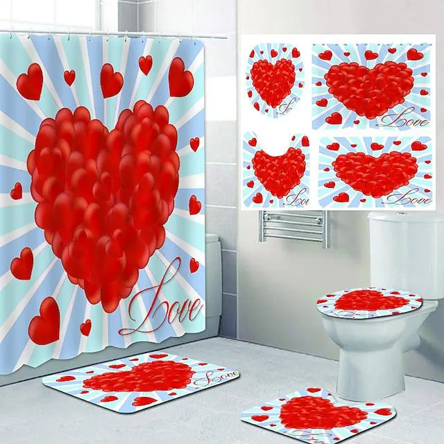 Juego de 4 cortinas de ducha para el día de San Valentín, decoración moderna para el hogar, con alfombrilla de baño en forma de U y tapa de inodoro y 12 ganchos.