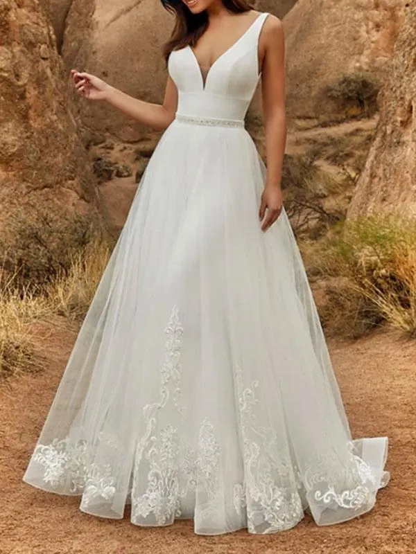 Vestido De Novia Vintage Con Cola Escote En V Sin Mangas Botones Lycra Spandex Tul Marfil Vestido De Novia