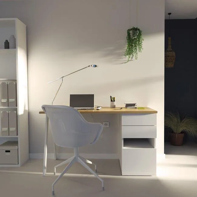 Mesa de escritorio Kiroba multiposición blanco y roble gold de 76x137,5x67cm