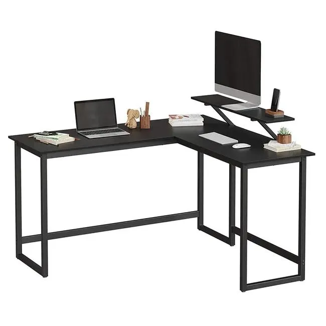 Escritorio con soporte de monitor, en forma de l, ideal para oficina, estudio y juegos, pies ajustables, marco de metal, montaje fácil, negro