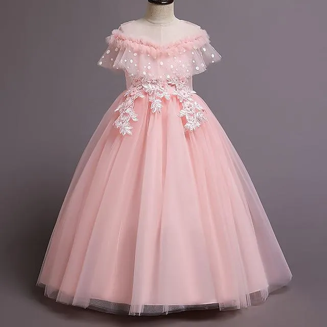 Niños Chica Vestido Vestido de Fiesta Color sólido Manga Corta Formal Rendimiento Boda Encaje Malla Moda Adorable Princesa Algodón Poliéster Maxi Vestido de Fiesta Vestido de encaje Vestido de