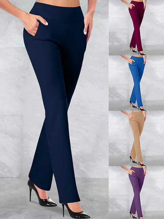 Women‘s Dress Work Casual Pants Trousers Straight Full Length Pocket Stretchy Trousers Daily Black Wine S M