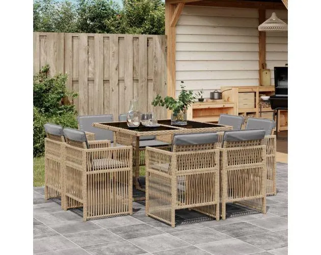 vidaXL set comedor de jardín 9 pzas con cojines ratán sintético beige