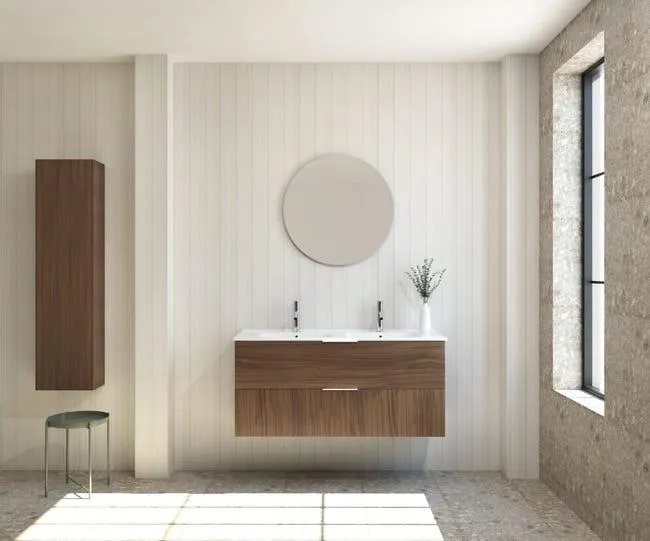 Mapau Pack Mueble de baño con lavabo doble y espejo redondo SAVART nogal 120cm