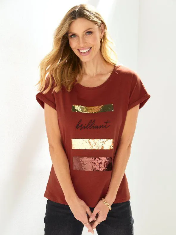 Camiseta manga corta con lentejuelas y bordado