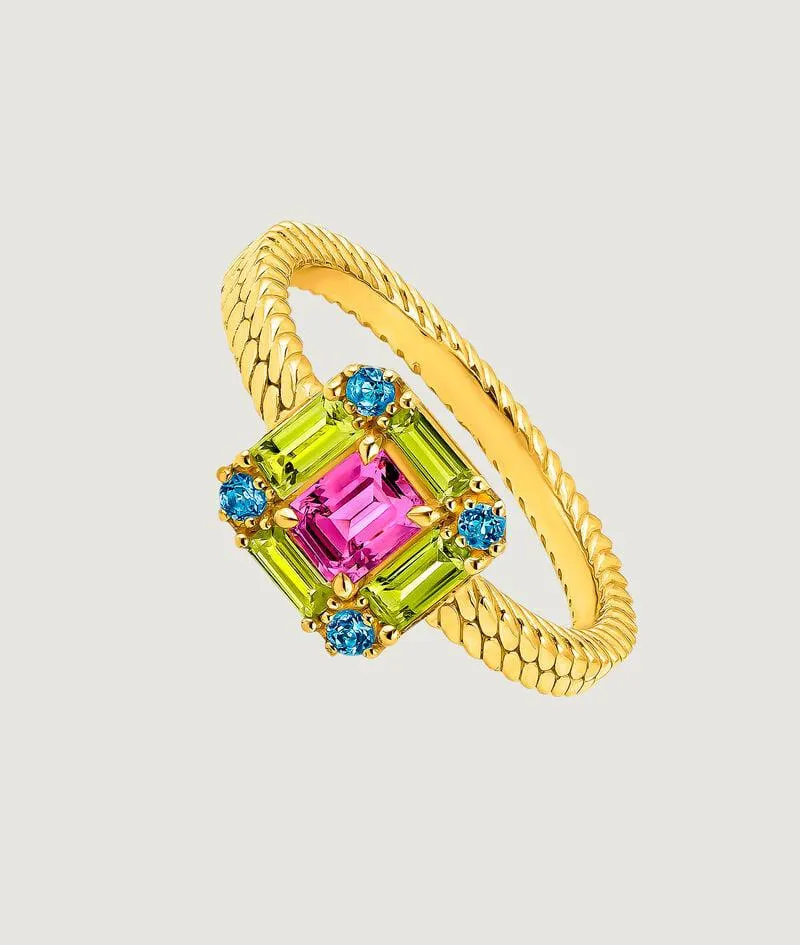 Anillo de plata 925 bañada en oro amarillo de 18K con rodolita, peridoto y topacio