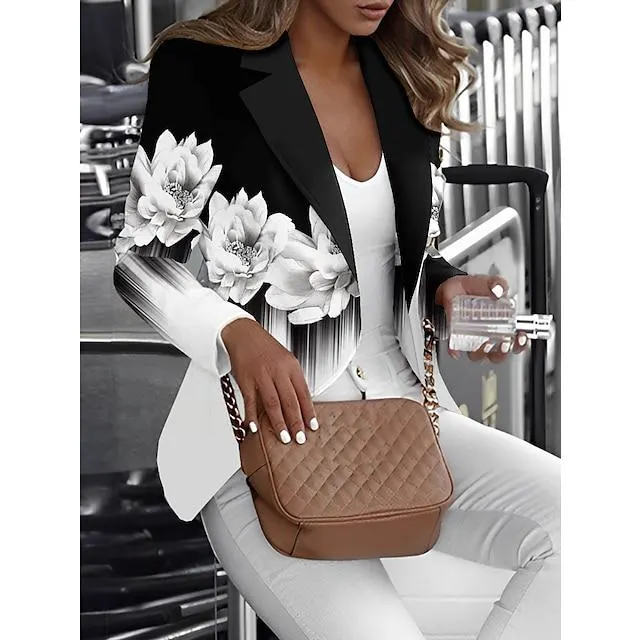 Mujer chaqueta Trabajo Estampado Flor Moda Ajuste regular Ropa de calle Manga Larga Primavera En blanco y negro S