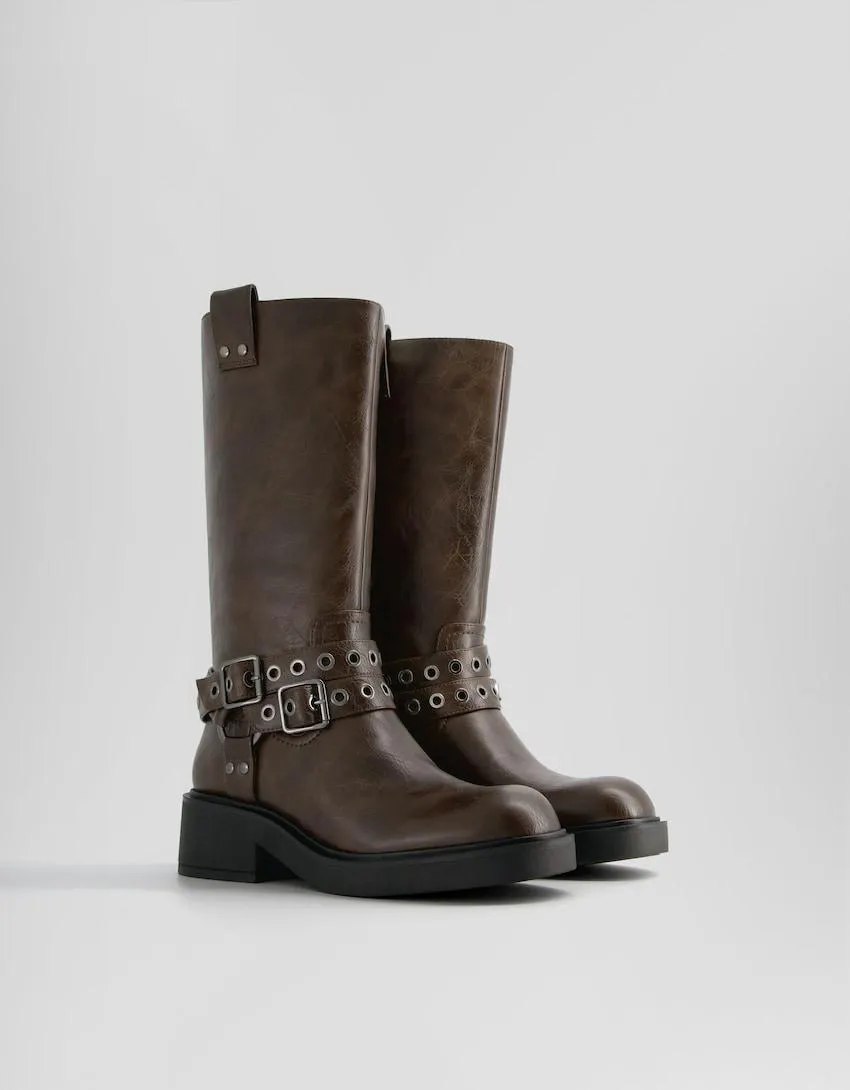 Biker boots with buckles and eyelets