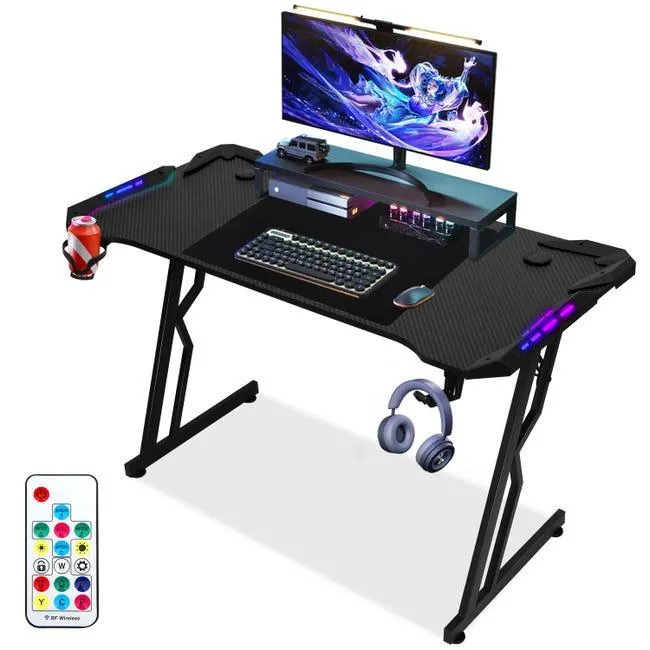 Escritorio Gamer en forma de Z 140X60CM ,Escritorio Gaming, con luces LED, soporte para tazas, soporte para auriculares y alfombrilla
