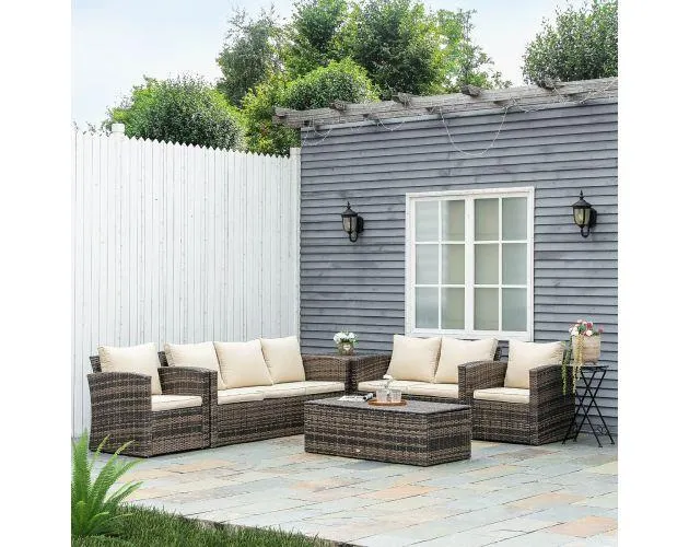 Conjunto de muebles de ratán metal, ratán pe, poliéster color marrón