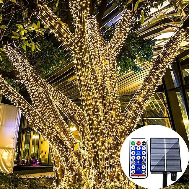 Cadena de luces de hadas al aire libre solar 30m-300leds 50m-500leds luces de árbol de control remoto a prueba de agua fiesta de bodas de navidad jardín de vacaciones decoración de la casa del árbol