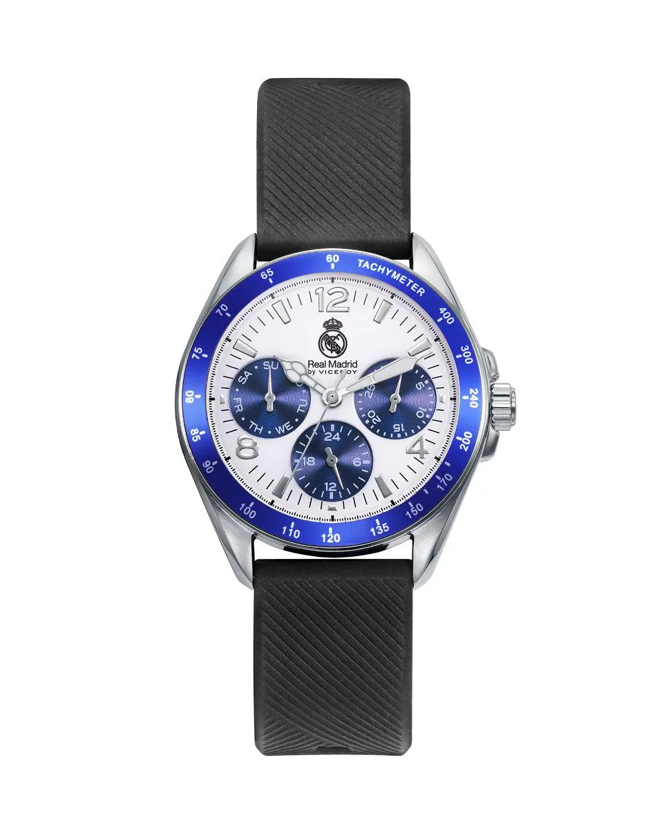 Reloj de niño Real Madrid multifunción con esfera bicolor y correa de silicona negra.