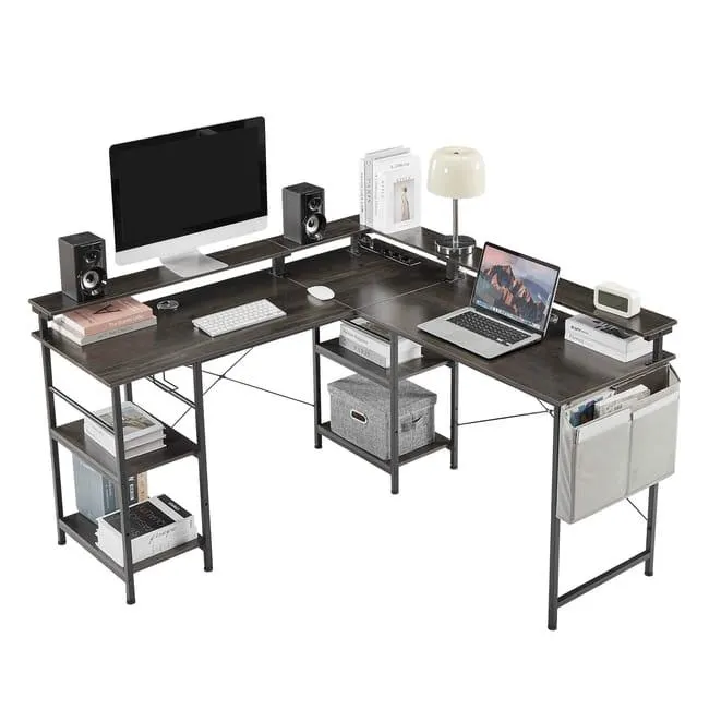 Escritorio Gaming en L con luces LED, estantes, soporte para monitor y enchufe, reversible, perfecto para oficina o casa, gris.