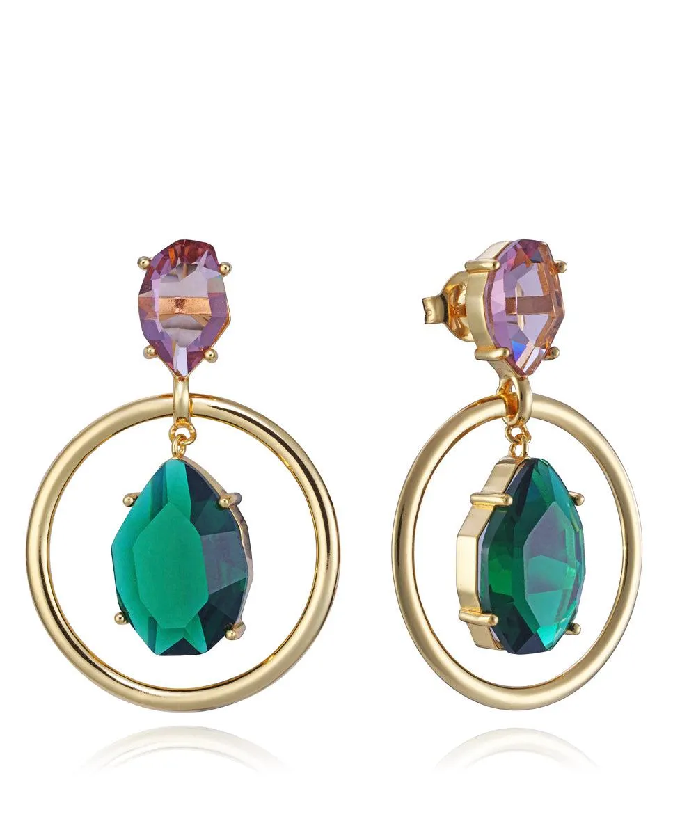 Pendientes Elegant de plata de ley con baño de oro, aro y cristales en color rosa y verde
