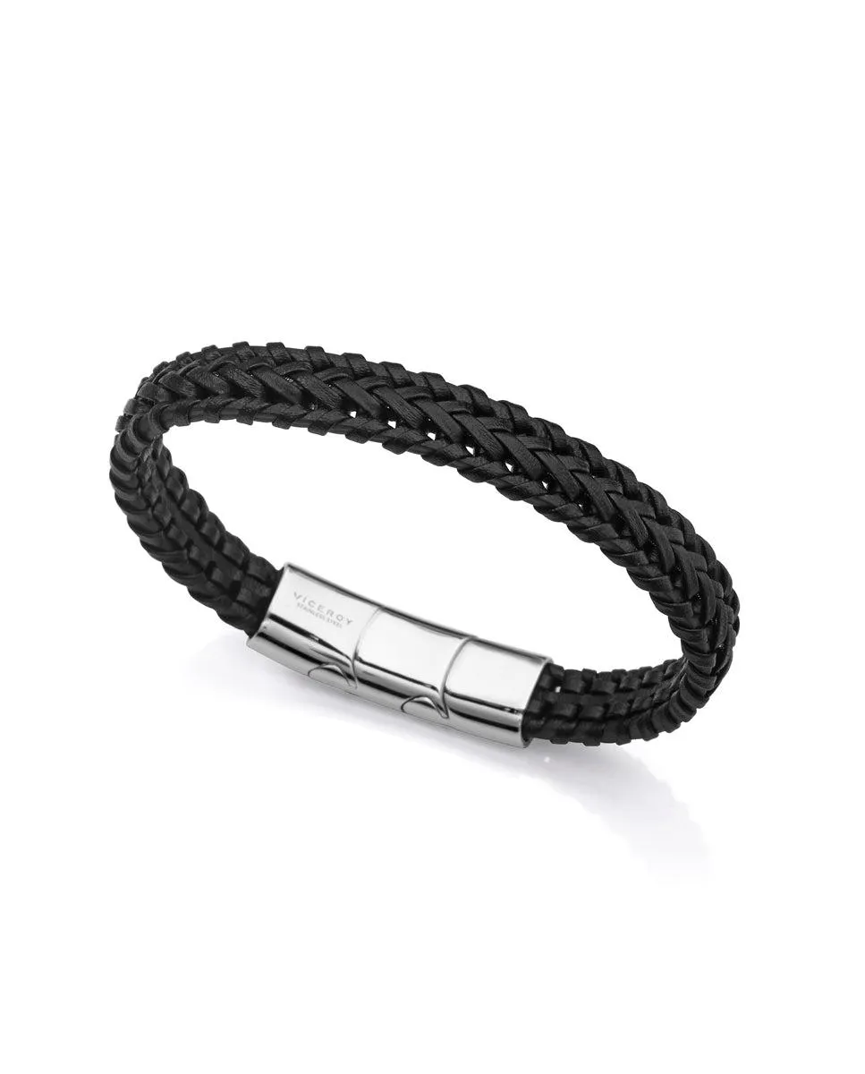 Pulsera Magnum de acero con piel negra trenzada , cierre y extensión