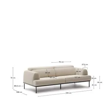Sofá Aurum 3 plazas crudo con cabecero reclinable y base de metal gris mate 234 cm FSC Mix Credit
