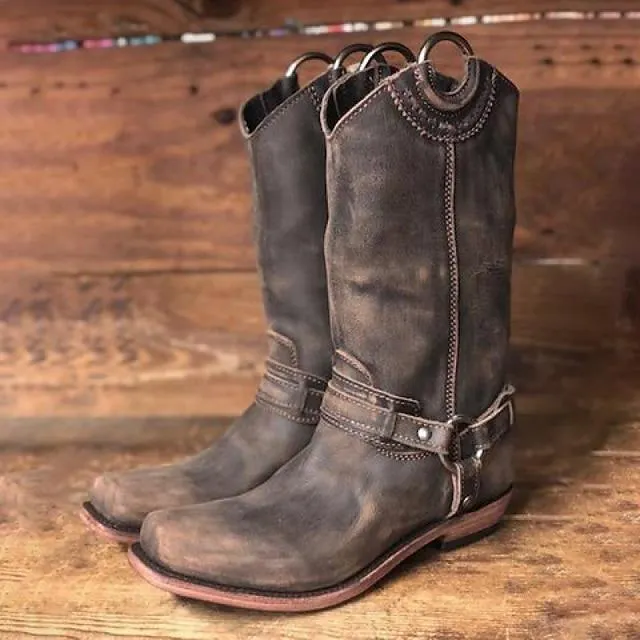 Mujer Botas Botas cowboy Botas de Moto Tallas Grandes Exterior Diario Botas hasta la rodilla Invierno Hebilla Tacón Plano Dedo redondo Vintage Clásico Casual PU Cremallera Color sólido Negro Rojo