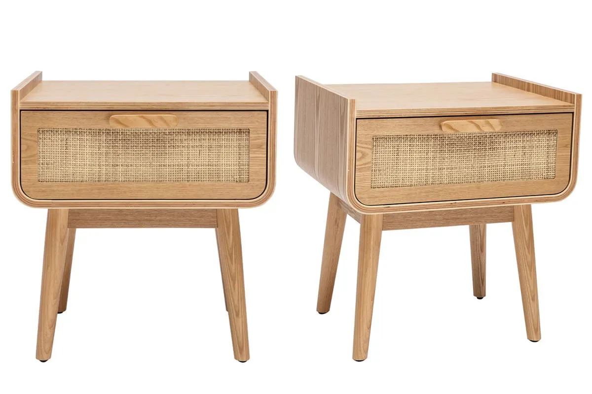 Set de 2 mesillas de noche con cajón de madera maciza clara y caña de ratán ATHÈNE