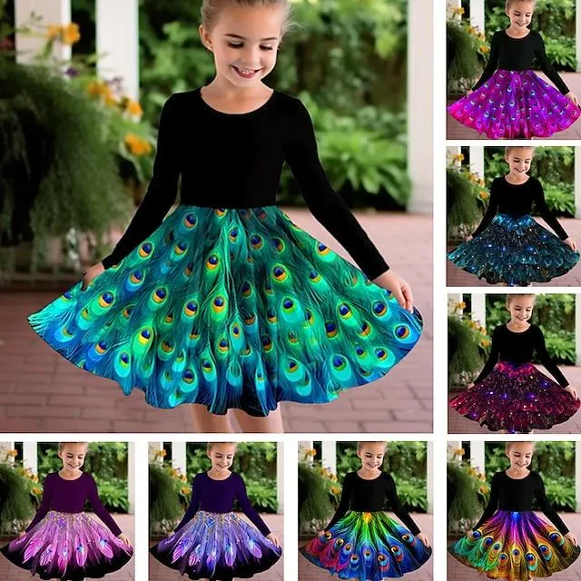 Girls ' 3D Graphic Vestido Manga Larga Impresión 3D Verano Otoño Deporte Diario Festivos Estilo lindo Casual Hermosa Niños 3-12 años Vestido informal Vestido de una línea Sobre la rodilla Poliéster