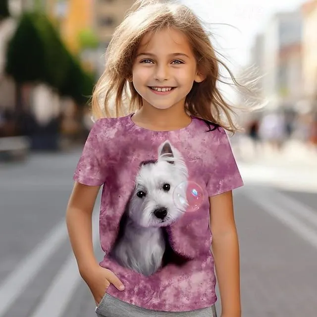 Chica 3D Perro Camiseta Camisa Rosa Manga Corta Impresión 3D Verano Activo Moda Estilo lindo Poliéster Niños 3-12 años Cuello Barco Exterior Casual Diario Ajuste regular