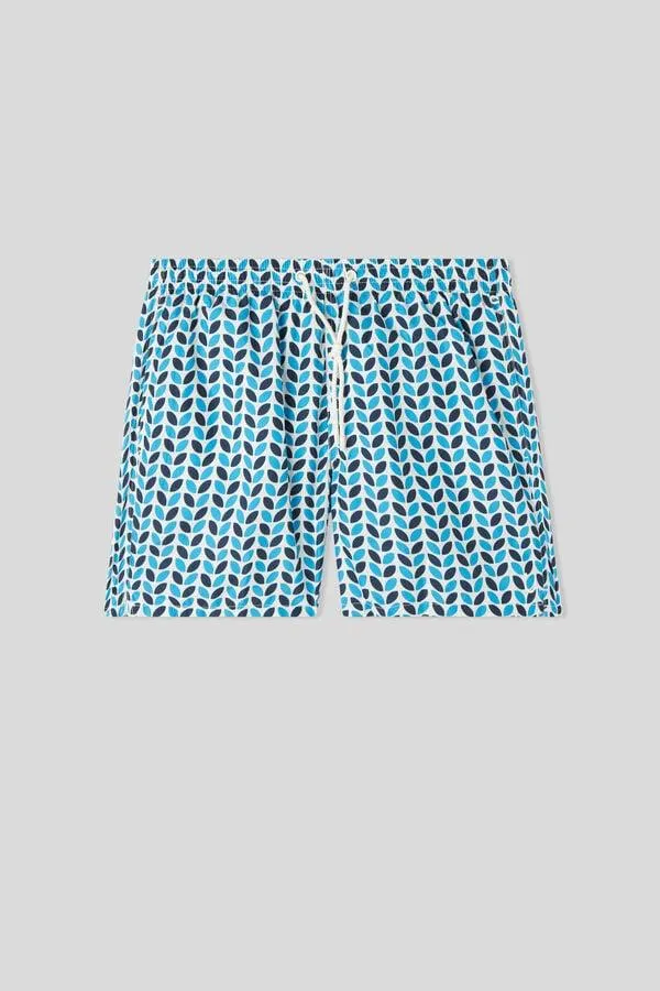 Swim Trunks with Geometric Leaf Print