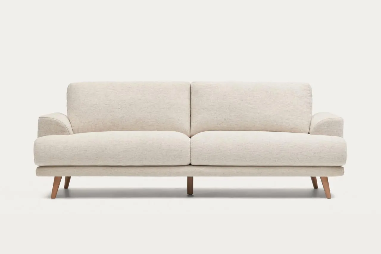 Sofá Karin 3 plazas beige y patas de madera maciza de haya 231 cm