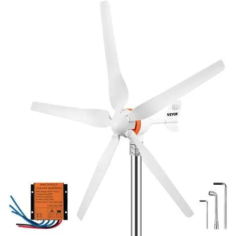 VEVOR Generador de Turbina Eólica 12 V 500 W Aerogenerador Horizontal 5 Cuchillas Velocidad Nominal 13 m/s Kit de Turbina Eólica Resistente y Durable con Controlador de Carga MPPT para Hogar, Chalets