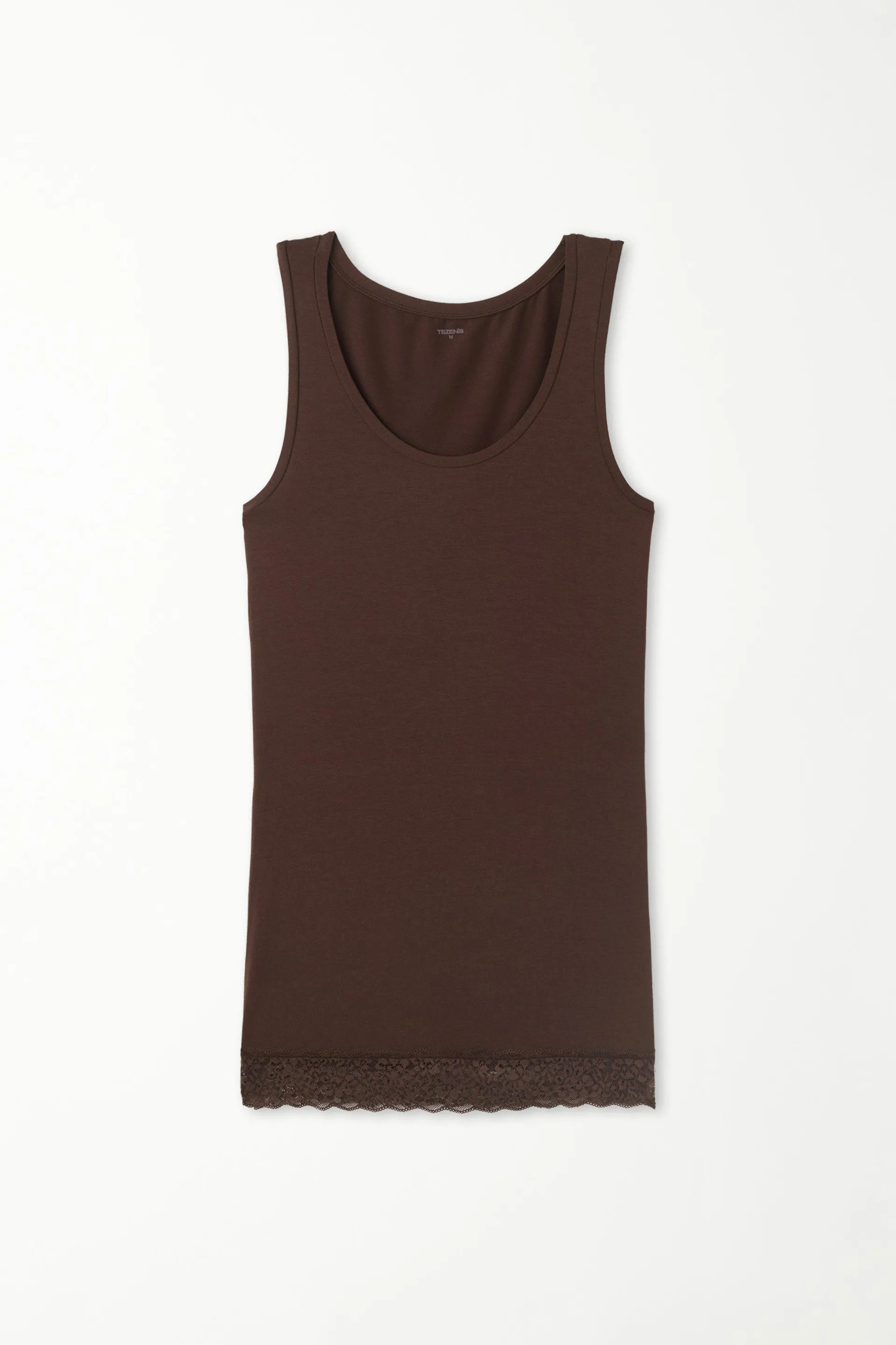 Camiseta Larga de Tirante Ancho en Viscosa con Encaje